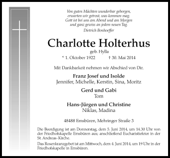 Traueranzeige von Charlotte Holterhus von Neue Osnabrücker Zeitung GmbH & Co. KG