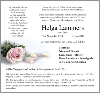 Traueranzeige von Helga Lammers von Neue Osnabrücker Zeitung GmbH & Co. KG