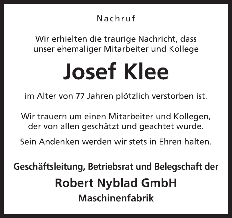 Traueranzeigen von Josef Klee | noz Trauerportal