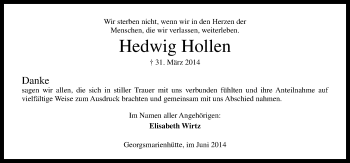 Traueranzeige von Hedwig Hollen von Neue Osnabrücker Zeitung GmbH & Co. KG
