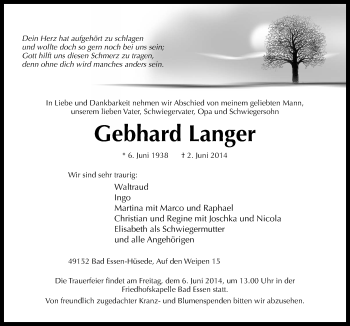 Traueranzeige von Gebhard Langer von Neue Osnabrücker Zeitung GmbH & Co. KG