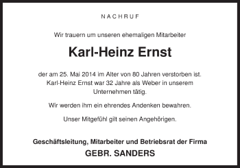 Traueranzeige von Karl-Heinz Ernst von Neue Osnabrücker Zeitung GmbH & Co. KG