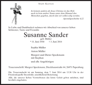 Traueranzeige von Susanne Sander von Neue Osnabrücker Zeitung GmbH & Co. KG