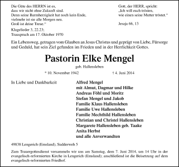 Traueranzeige von Elke Mengel von Neue Osnabrücker Zeitung GmbH & Co. KG