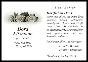 Traueranzeige von Dora Elixmann von Neue Osnabrücker Zeitung GmbH & Co. KG