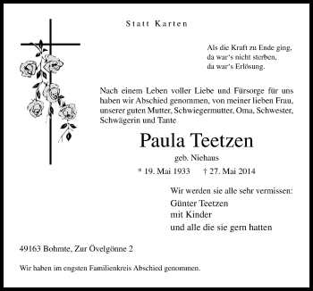 Traueranzeige von Paula Teetzen von Neue Osnabrücker Zeitung GmbH & Co. KG