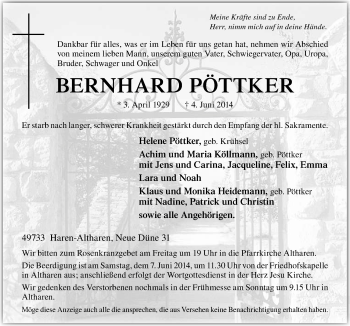 Traueranzeige von Bernhard Pöttker von Neue Osnabrücker Zeitung GmbH & Co. KG