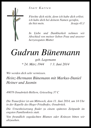 Traueranzeige von Gudrun Bünemann von Neue Osnabrücker Zeitung GmbH & Co. KG