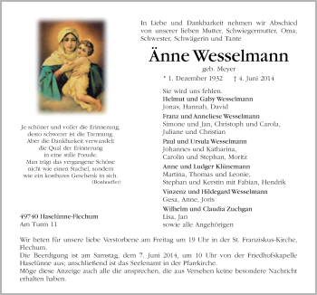 Traueranzeige von Änne Wesselmann von Neue Osnabrücker Zeitung GmbH & Co. KG