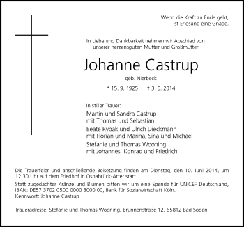 Traueranzeige von Johanne Castrup von Neue Osnabrücker Zeitung GmbH & Co. KG