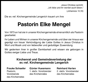 Traueranzeige von Elke Mengel von Neue Osnabrücker Zeitung GmbH & Co. KG