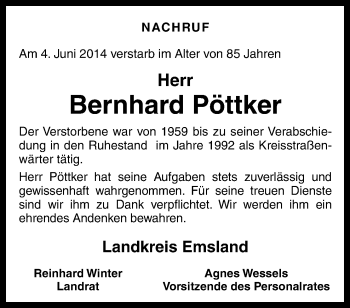 Traueranzeige von Bernhard Pöttker von Neue Osnabrücker Zeitung GmbH & Co. KG