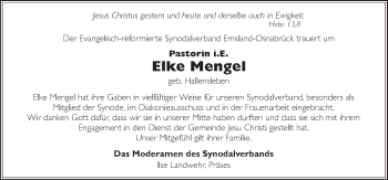 Traueranzeige von Elke Mengel von Neue Osnabrücker Zeitung GmbH & Co. KG