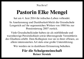 Traueranzeige von Elke Mengel von Neue Osnabrücker Zeitung GmbH & Co. KG