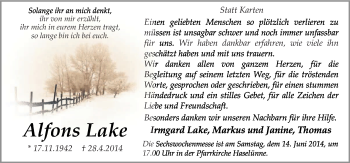 Traueranzeige von Alfons Lake von Neue Osnabrücker Zeitung GmbH & Co. KG