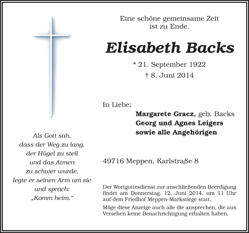  Traueranzeige für Elisabeth Backs vom 10.06.2014 aus Neue Osnabrücker Zeitung GmbH & Co. KG