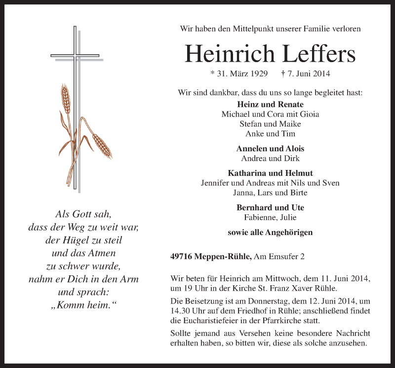  Traueranzeige für Heinrich Leffers vom 10.06.2014 aus Neue Osnabrücker Zeitung GmbH & Co. KG