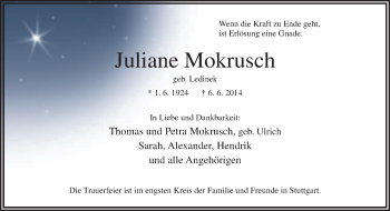 Traueranzeige von Juliane Mokrusch von Neue Osnabrücker Zeitung GmbH & Co. KG