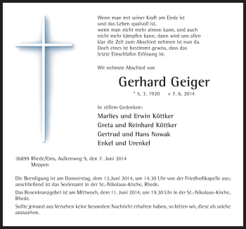 Traueranzeige von Gerhard Geiger von Neue Osnabrücker Zeitung GmbH & Co. KG