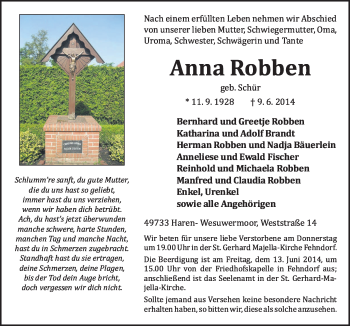 Traueranzeige von Anna Robben von Neue Osnabrücker Zeitung GmbH & Co. KG