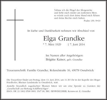 Traueranzeige von Elga Grandke von Neue Osnabrücker Zeitung GmbH & Co. KG