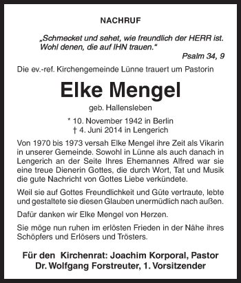 Traueranzeige von Elke Mengel von Neue Osnabrücker Zeitung GmbH & Co. KG