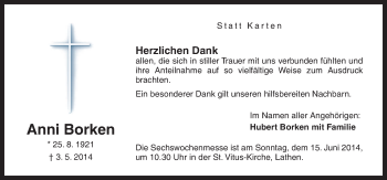 Traueranzeige von Anni Borken von Neue Osnabrücker Zeitung GmbH & Co. KG