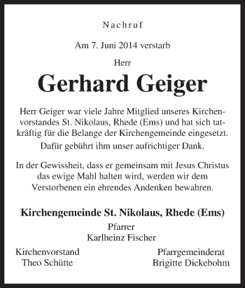 Traueranzeige von Gerhard Geiger von Neue Osnabrücker Zeitung GmbH & Co. KG