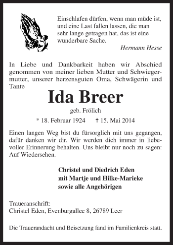 Traueranzeige von Ida Breer von Neue Osnabrücker Zeitung GmbH & Co. KG