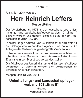 Traueranzeige von Heinrich Leffers von Neue Osnabrücker Zeitung GmbH & Co. KG