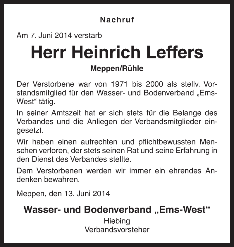  Traueranzeige für Heinrich Leffers vom 13.06.2014 aus Neue Osnabrücker Zeitung GmbH & Co. KG