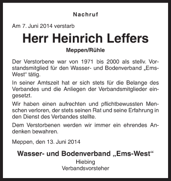 Traueranzeige von Heinrich Leffers von Neue Osnabrücker Zeitung GmbH & Co. KG