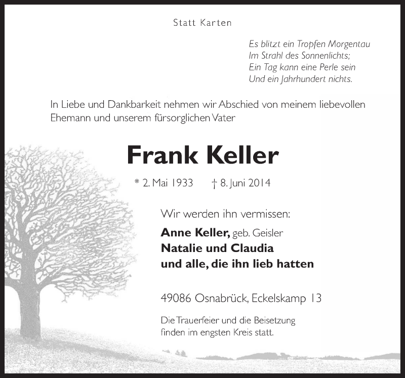  Traueranzeige für Frank Keller vom 14.06.2014 aus Neue Osnabrücker Zeitung GmbH & Co. KG