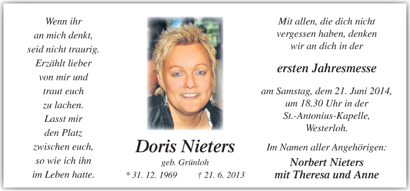  Traueranzeige für Doris Nieters vom 18.06.2014 aus Neue Osnabrücker Zeitung GmbH & Co. KG