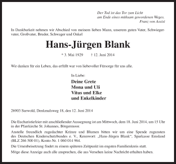 Traueranzeige von Hans-Jürgen Blank von Neue Osnabrücker Zeitung GmbH & Co. KG