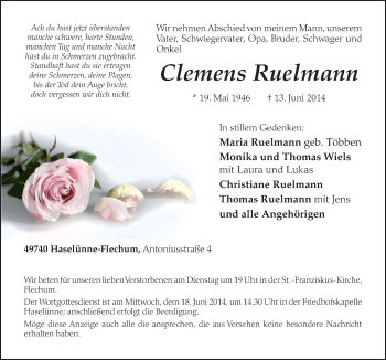 Traueranzeige von Clemens Ruelmann von Neue Osnabrücker Zeitung GmbH & Co. KG