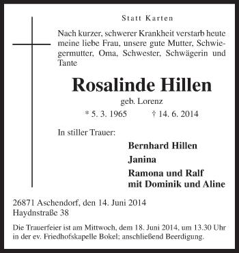 Traueranzeige von Rosalinde Hillen von Neue Osnabrücker Zeitung GmbH & Co. KG