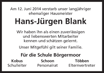 Traueranzeige von Hans-Jürgen Blank von Neue Osnabrücker Zeitung GmbH & Co. KG