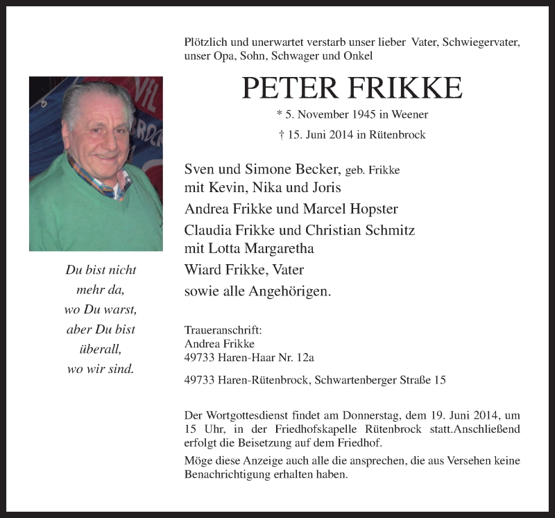  Traueranzeige für Peter Frikke vom 18.06.2014 aus Neue Osnabrücker Zeitung GmbH & Co. KG