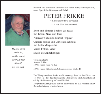 Traueranzeige von Peter Frikke von Neue Osnabrücker Zeitung GmbH & Co. KG