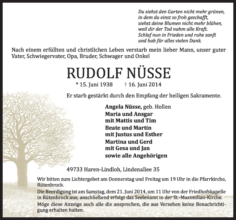  Traueranzeige für Rudolf Nüsse vom 18.06.2014 aus Neue Osnabrücker Zeitung GmbH & Co. KG