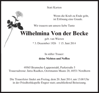 Traueranzeige von Wilhelmina  Von der Becke von Neue Osnabrücker Zeitung GmbH & Co. KG