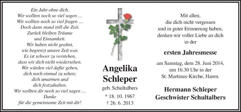  Traueranzeige für Angelika Schleper vom 25.06.2014 aus Neue Osnabrücker Zeitung GmbH & Co. KG