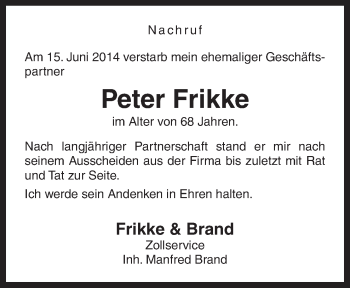 Traueranzeige von Peter Frikke von Neue Osnabrücker Zeitung GmbH & Co. KG