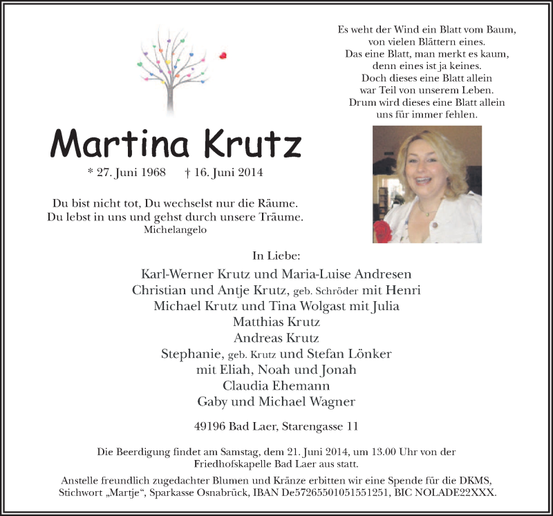  Traueranzeige für Martina Krutz vom 19.06.2014 aus Neue Osnabrücker Zeitung GmbH & Co. KG