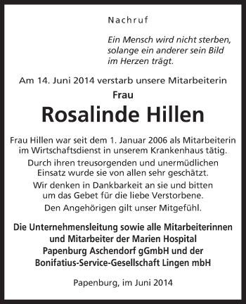 Traueranzeige von Rosalinde Hillen von Neue Osnabrücker Zeitung GmbH & Co. KG