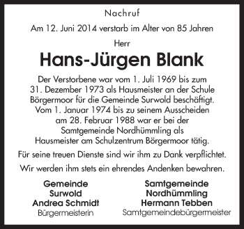 Traueranzeige von Hans-Jürgen Blank von Neue Osnabrücker Zeitung GmbH & Co. KG
