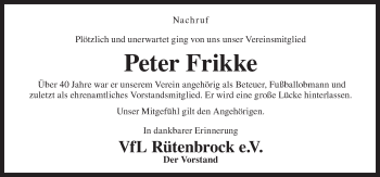 Traueranzeige von Peter Frikke von Neue Osnabrücker Zeitung GmbH & Co. KG