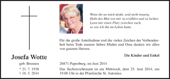 Traueranzeige von Josefa Wotte von Neue Osnabrücker Zeitung GmbH & Co. KG