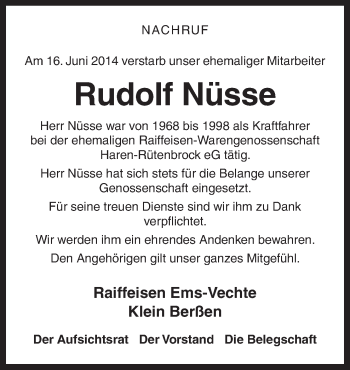 Traueranzeige von Rudolf Nüsse von Neue Osnabrücker Zeitung GmbH & Co. KG